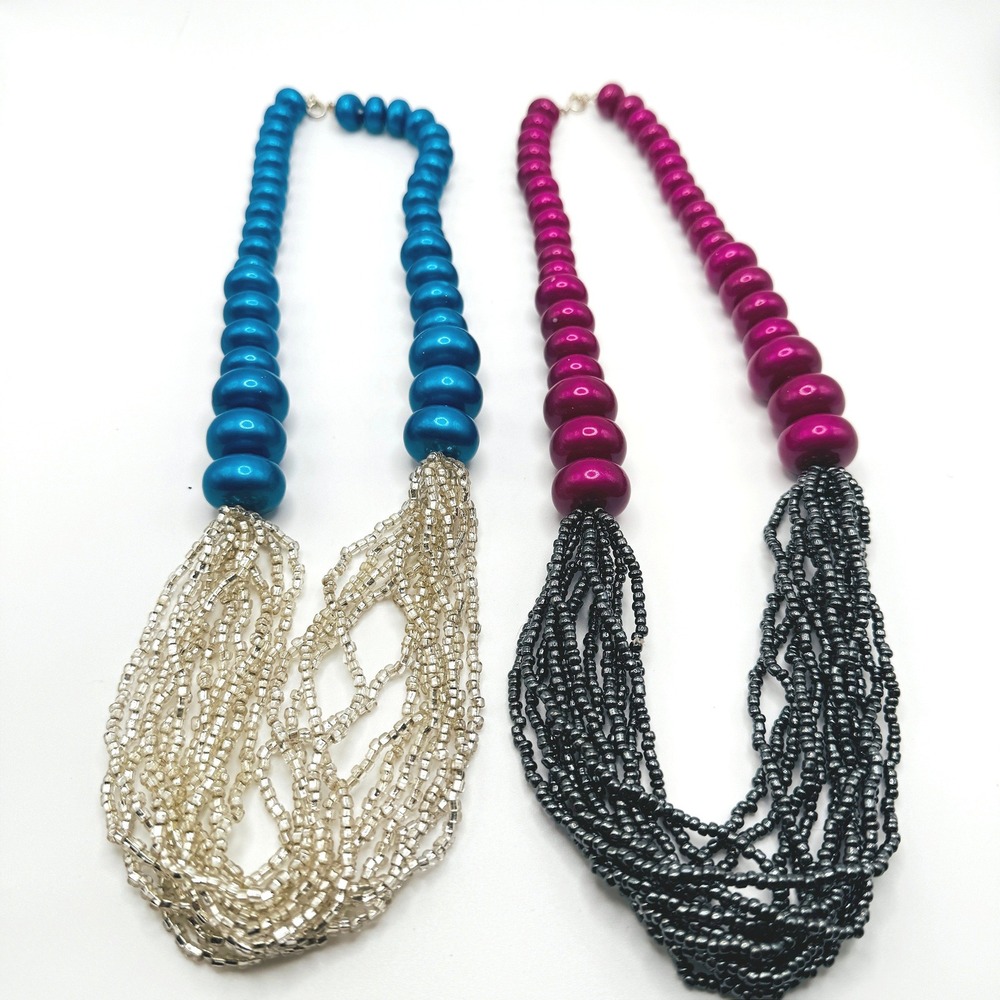 Lot 2 Multi Strand Beaded Statement Necklaces Turquoise Fuchsia Boho Jewelry